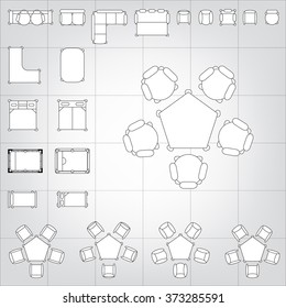 Tables and chairs vector illustration for interior outline design on scale technical grid background