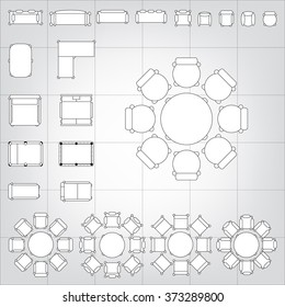 Tables and chairs vector illustration for interior outline design on scale technical grid background