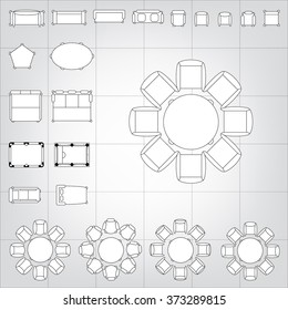 Tables and chairs vector illustration for interior outline design on scale technical grid background