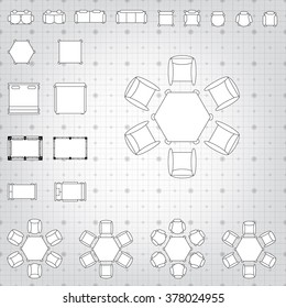 Tables and chairs vector illustration for interior outline design on scale technical grid background