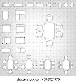 Tables and chairs vector illustration for interior outline design on scale technical grid background