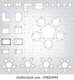 Tables and chairs vector illustration for interior outline design on scale technical grid background