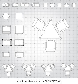 Tables and chairs vector illustration for interior outline design on scale technical grid background