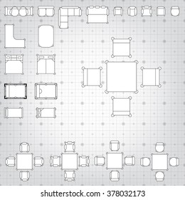 Tables and chairs vector illustration for interior outline design on scale technical grid background