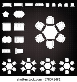 Tables and chairs vector illustration for interior outline design on scale technical grid background