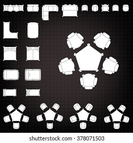 Tables and chairs vector illustration for interior outline design on scale technical grid background