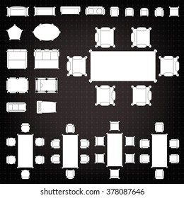 Tables and chairs vector illustration for interior outline design on scale technical grid background