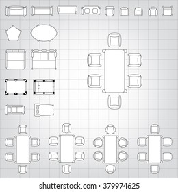 Tables and chairs vector illustration for interior outline design on scale technical grid background