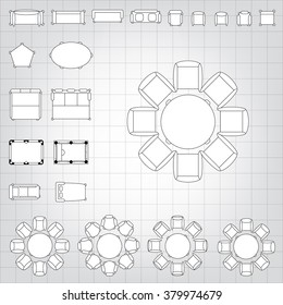 Tables and chairs vector illustration for interior outline design on scale technical grid background