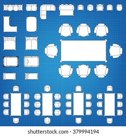 Tables and chairs vector illustration for interior outline design on scale technical grid background