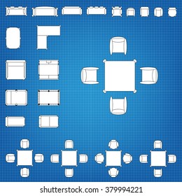 Tables and chairs vector illustration for interior outline design on scale technical grid background