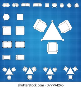Tables and chairs vector illustration for interior outline design on scale technical grid background