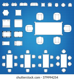 Tables and chairs vector illustration for interior outline design on scale technical grid background