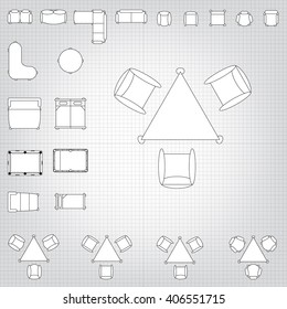Tables and chairs vector illustration for interior outline design on scale technical grid background