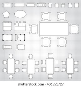 Tables and chairs vector illustration for interior outline design on scale technical grid background