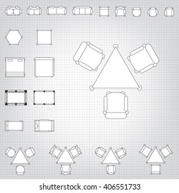 Tables and chairs vector illustration for interior outline design on scale technical grid background