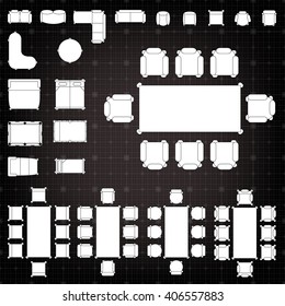 Tables and chairs vector illustration for interior outline design on scale technical grid background