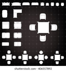 Tables and chairs vector illustration for interior outline design on scale technical grid background