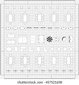 Tables and chairs vector illustration for interior outline design on scale technical grid background