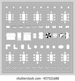 Tables and chairs vector illustration for interior outline design on scale technical grid background