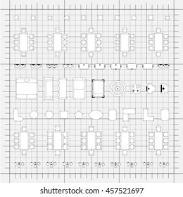 Tables and chairs vector illustration for interior outline design on scale technical grid background
