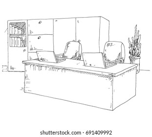  Tables, chairs. Vector illustration in a sketch style.