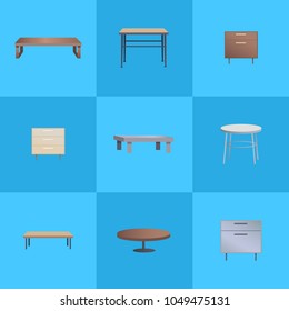 Tables collection interior, decor and items for comfort, furniture and tables set of different shapes vector illustration isolated on blue background