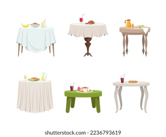 Tables Covered with Tablecloth and Served with Food Vector Set
