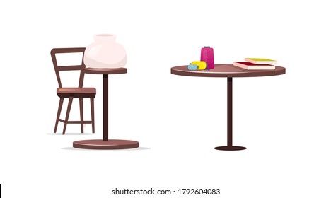 Tables for craft flat color vector objects set. Pottery. Pots making. Spool of thread. Table and chair with handicraft isolated cartoon illustration for web graphic design and animation collection