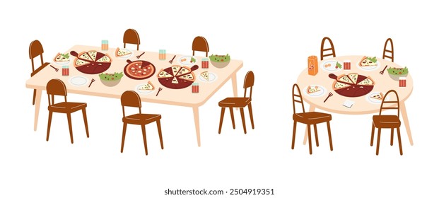 Tables serving with different pizzas, drinks, salad. Rectangular and round tables with empty chairs. Vector flat illustrations set isolated on white background