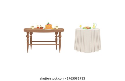 Tische mit leckeren Speisen, Serviertisch mit Frühstücksbuffet Vektorgrafik