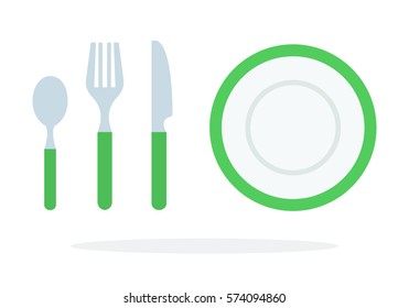 Tablespoons teaspoon fork, knife, plate with green piping vector flat material design isolated on white