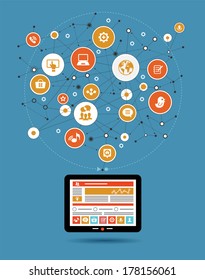 Tablet and abstract global computer network. Internet concept. Network background with nodes, social media and communication icons.  