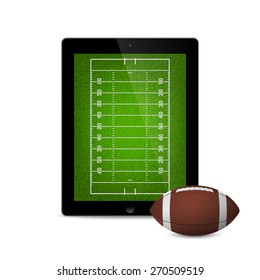 Tablet with american football ball and field on the screen. Vector EPS10 illustration. 
