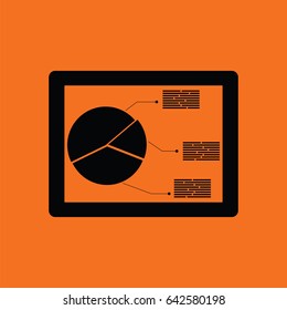Tablet with analytics diagram icon. Orange background with black. Vector illustration.