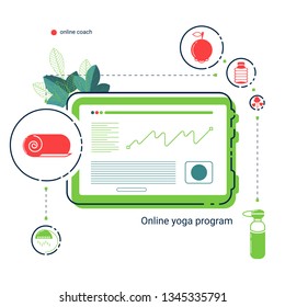 Tablet with app of online yoga plan, leaves and flat icons of healthy lifestyle. Web mobile design. Vector illustration