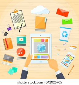 Tablet Application Business Man Hand Touch Screen Finger, Businessman Documents Office Desk Businessman Flat Vector Illustration