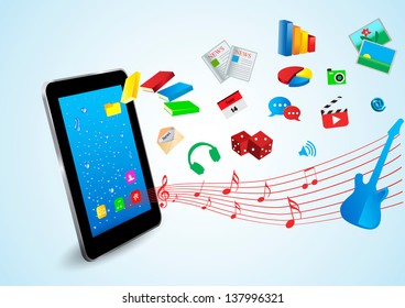 Tablet and application icons splash out of phone.