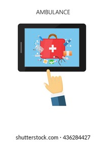 The tablet and arm on a white background,  medical suitcase with medications on the screen. concept Call the ambulance, vector illustration in flat style