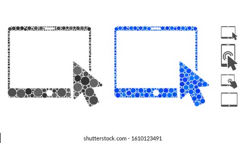 Tablet arrow pointer composition of small circles in different sizes and color tints, based on tablet arrow pointer icon. Vector filled circles are organized into blue composition.