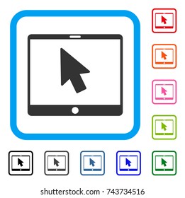 Tablet Arrow Pointer icon. Flat grey iconic symbol inside a blue rounded squared frame. Black, gray, green, blue, red, orange color variants of Tablet Arrow Pointer vector.