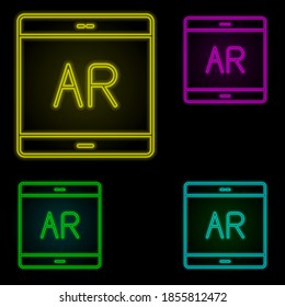 Tablet, icono de conjunto de colores de neón de realidad aumentada. Línea delgada simple, vector de contorno de iconos de realidad aumentada para ui y ux, sitio web o aplicación móvil