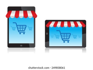 Tablet with awning and basket on line shop, e-commerce ideas, Vector illustration