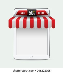 Tablet with awning. Mobile store concept. Vector illustration. Can use for promotion banner.