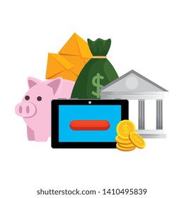 tablet with bank building ecommerce icons