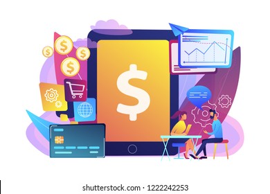 Tablet, bank card and manager using banking software for transactions. Core banking IT system, banking software, banking IT service concept. Bright vibrant violet vector isolated illustration