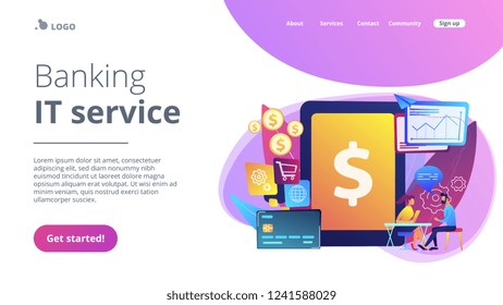 Tablet, bank card and manager using banking software for transactions. Core banking IT system, banking software, IT service concept. Website vibrant violet landing web page template.