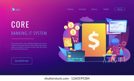 Tablet, bank card and manager using banking software for transactions. Core banking IT system, banking software, IT service concept. Website vibrant violet landing web page template.