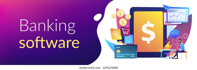 Tablet, bank card and manager using banking software for transactions. Core banking IT system, banking software, IT service concept. Header or footer banner template with copy space.