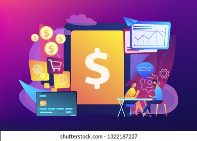 Tablet, bank card and manager using banking software for transactions. Core banking IT system, banking software, IT service concept. Bright vibrant violet vector isolated illustration